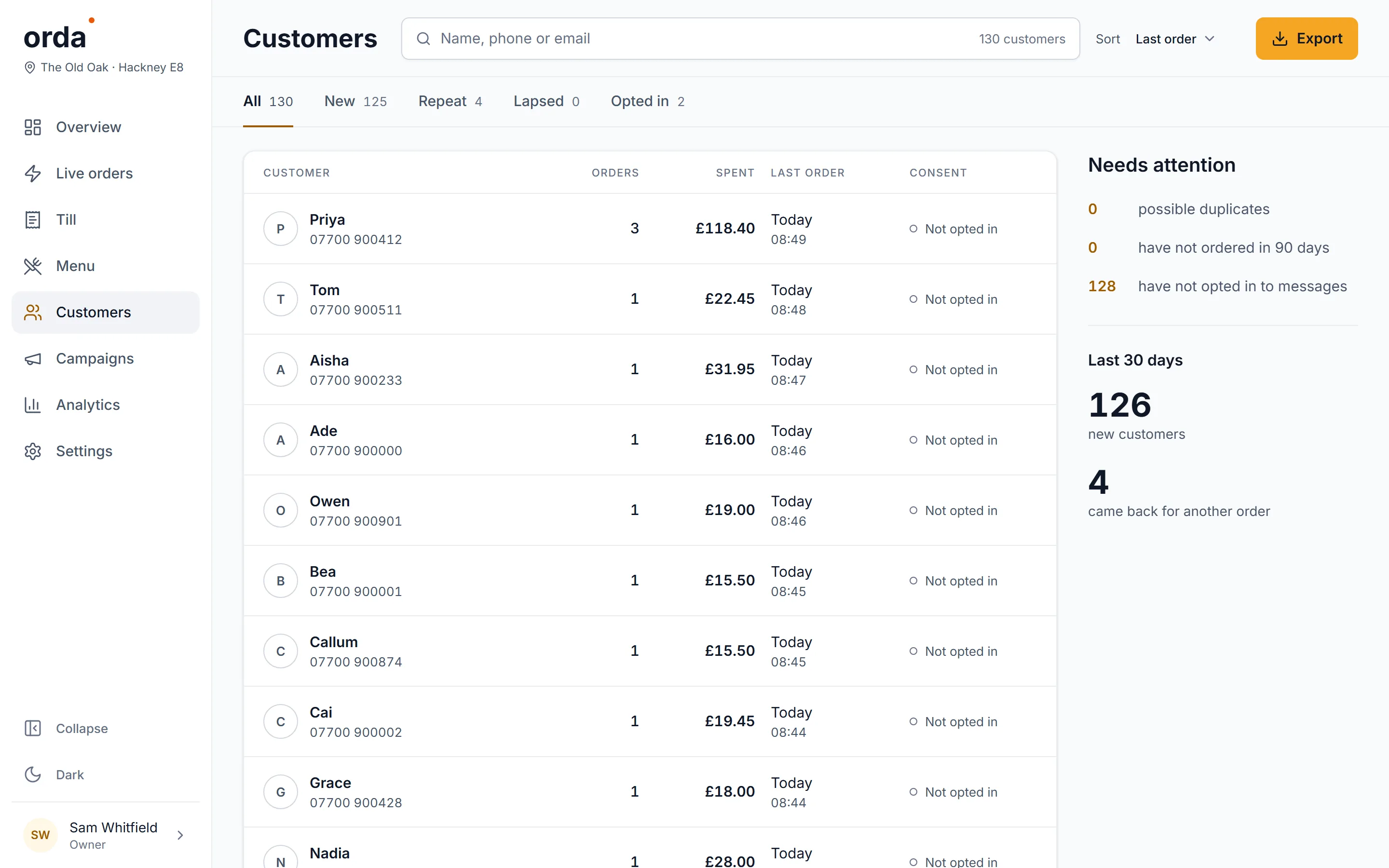 The customer list: who orders, how often, what they spent and whether they opted in