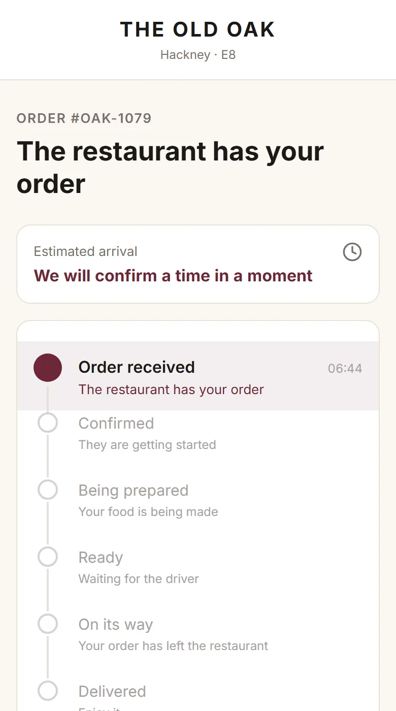 The diner’s phone: the restaurant has the order