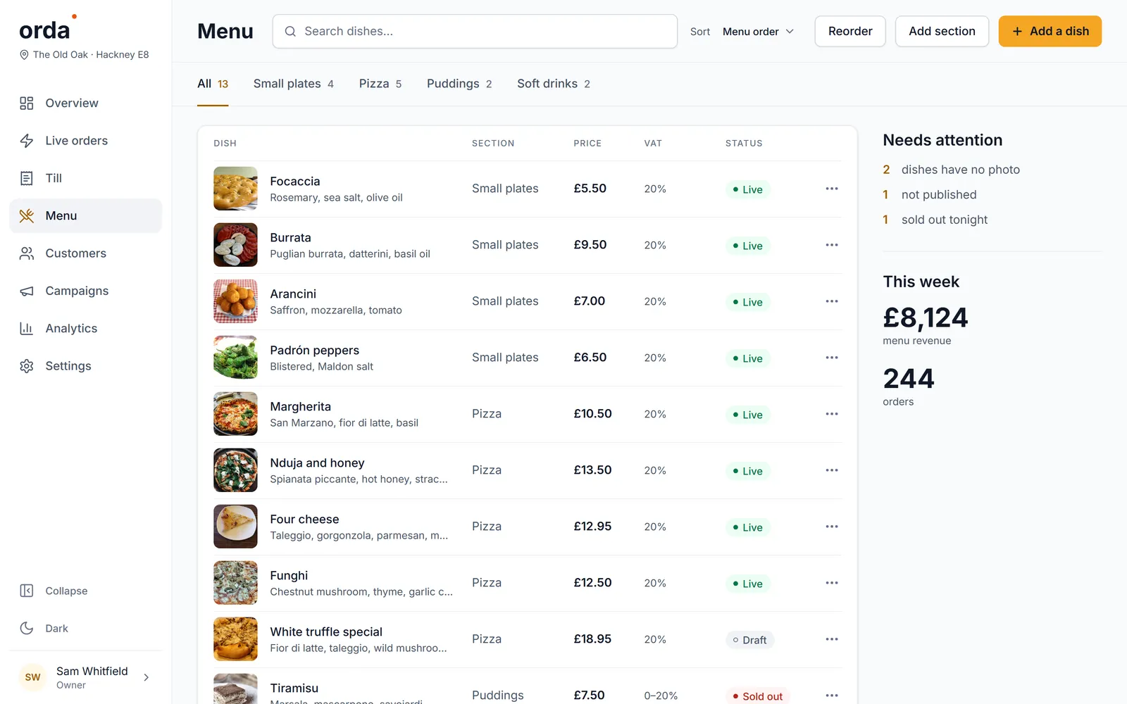The menu builder: every dish with its section, price, VAT and status