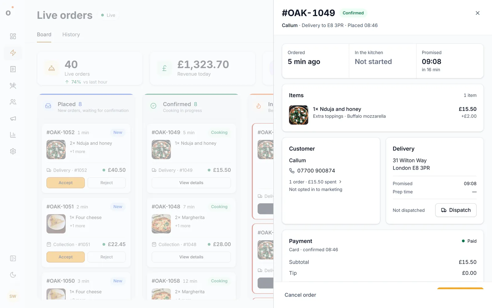 An order opened from the board: items, customer, delivery address, payment, with Start cooking and Dispatch