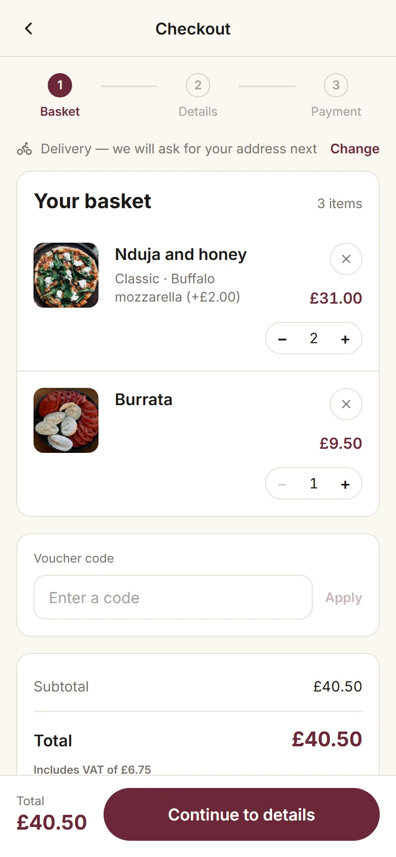 The basket: two pizzas and a burrata, £40.50