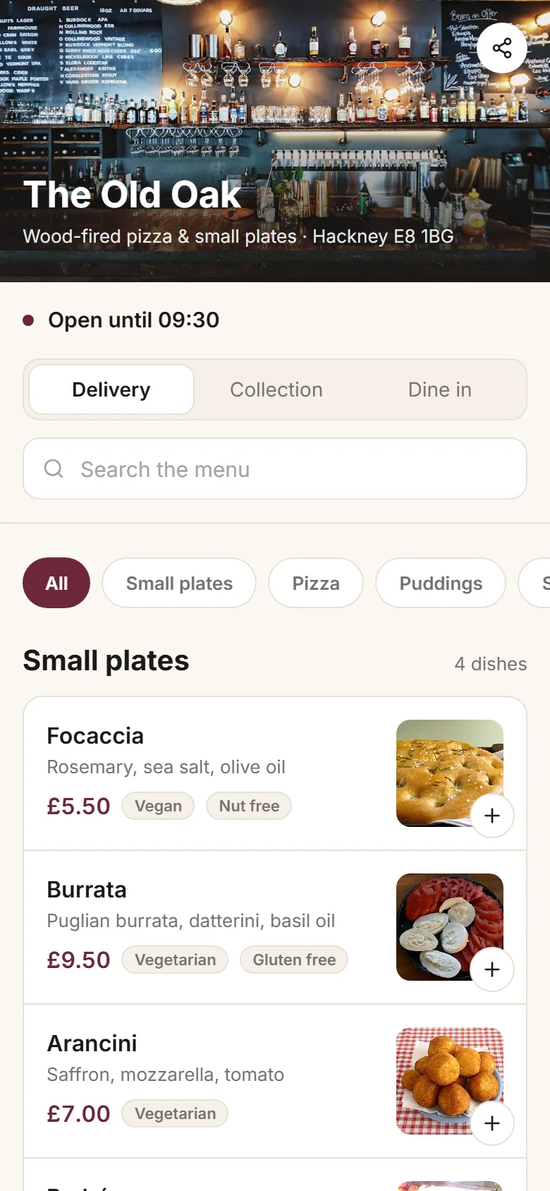 The Old Oak’s own ordering site on a phone: the menu