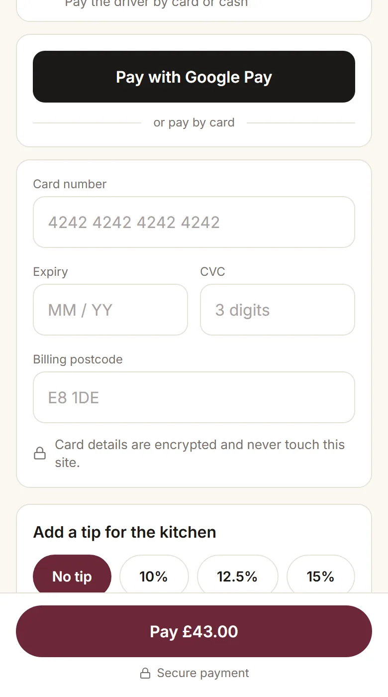 The diner’s phone: paying £43.00 for order #OAK-1079