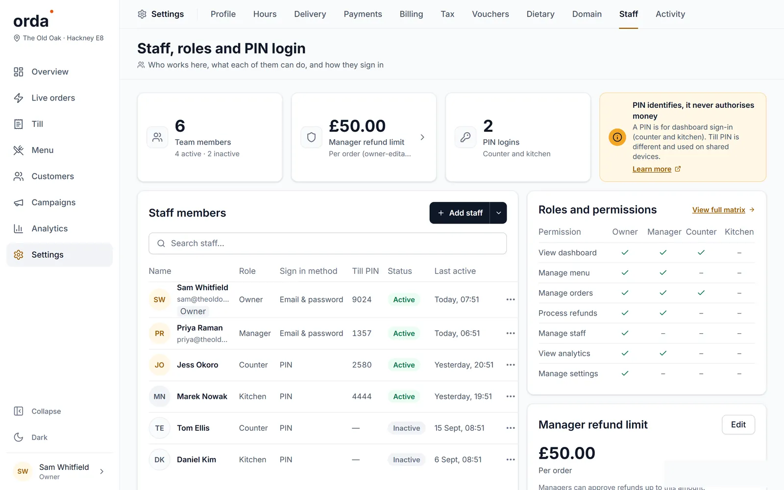 Staff, roles and PIN login: team members, what each role may do, and the manager refund limit