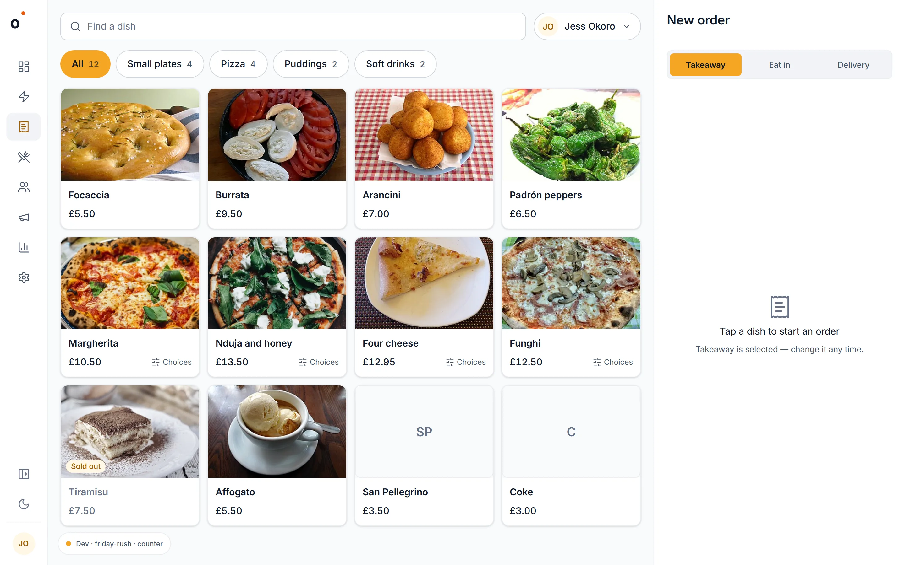 The till: the menu as a grid of photographs beside a new order