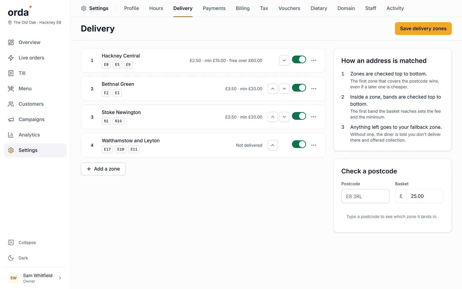 Delivery zones by postcode: fee, minimum order and free-over threshold per zone, and a postcode checker